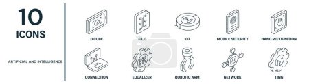 artificial and intelligence outline icon set such as thin line d cube, iot, hand recognition, equalizer, network, ting, connection icons for report, presentation, diagram, web design