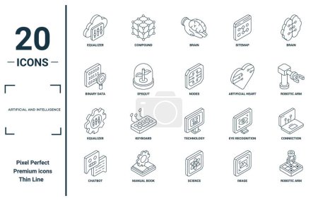 artificial and intelligence linear icon set. includes thin line equalizer, binary data, equalizer, chatbot, robotic arm, nodes, connection icons for report, presentation, diagram, web design