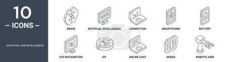 artificial and intelligence outline icon set includes thin line brain, artificial intelligence, connection, smartphone, battery, eye recognition, iot icons for report, presentation, diagram, web