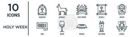 holy week outline icon set such as thin line window, holy week, jesus, wine, lectern, angel, inri icons for report, presentation, diagram, web design