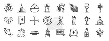 conjunto de 24 iconos de la semana santa web esquema como ángel, capilla, huevos, vela, casco romano, palma, iconos de vector de vino para el informe, presentación, diagrama, diseño web, aplicación móvil