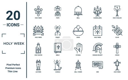 Ilustración de Set de iconos lineales semana santa. incluye línea delgada semana santa, semana santa, agua, atril, huevos, iconos cruzados para el informe, presentación, diagrama, diseño web - Imagen libre de derechos