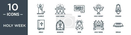 set de iconos de esquema de semana santa incluye vela de línea delgada, semana santa, inri, espíritu santo, incensario, biblia, iconos de ventana para el informe, presentación, diagrama, diseño web