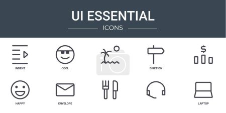 jeu de 10 icônes essentielles de web ui de contour telles que le tiret, cool,, diretion, heureux, icônes vectorielles enveloppe pour rapport, présentation, diagramme, conception web, mobile