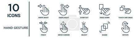 hand gesture outline icon set such as thin line swipe right, zoom out, touch and drag, move cursor, shake, rotate, pinch icons for report, presentation, diagram, web design