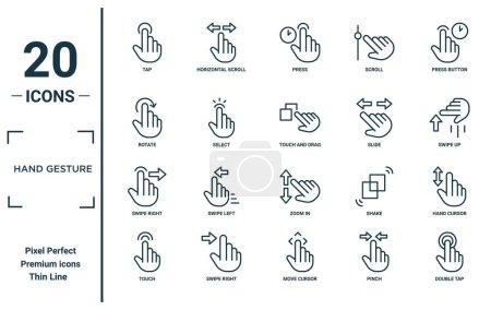 hand gesture linear icon set. includes thin line tap, rotate, swipe right, touch, double tap, touch and drag, hand cursor icons for report, presentation, diagram, web design