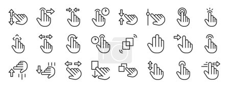 Satz von 24 umrissenen Web-Handgesten-Symbolen wie Vergrößern, Wischen nach rechts, Einklemmen, Drücken von Tasten, Verkleinern, Blättern, Doppeltippen von Vektorsymbolen für Bericht, Präsentation, Diagramm, Webdesign, mobile App