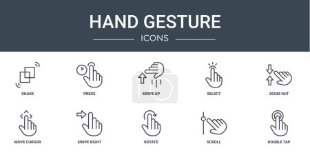 set of 10 outline web hand gesture icons such as shake, press, swipe up, select, zoom out, move cursor, swipe right vector icons for report, presentation, diagram, web design, mobile app