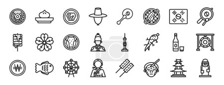 Illustration for Set of 24 outline web korea icons such as bibimbap, hoppang, kimchi, hat, fan, , korea vector icons for report, presentation, diagram, web design, mobile app - Royalty Free Image