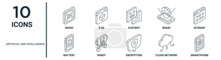 Künstliche und intelligente Umrisse von Symbolen wie dünnes Linienbild, Chatbot, Sitemap, Roboter, Cloud-Netzwerk, Smartphone, Akku-Symbole für Bericht, Präsentation, Diagramm, Webdesign