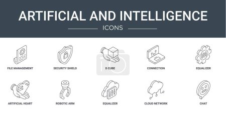 set of 10 outline web artificial and intelligence icons such as file management, security shield, d cube, connection, equalizer, artificial heart, robotic arm vector icons for report, presentation,