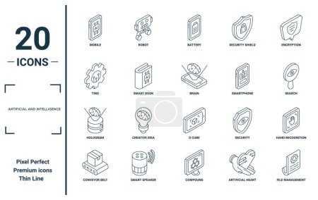 artificial and intelligence linear icon set. includes thin line mobile, ting, hologram, conveyor belt, file management, brain, hand recognition icons for report, presentation, diagram, web design