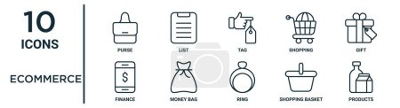 ecommerce outline icon set such as thin line purse, tag, gift, money bag, shopping basket, products, finance icons for report, presentation, diagram, web design
