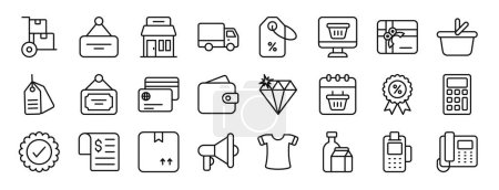 Satz von 24 umreißen Web-E-Commerce-Symbole wie Trolly,, Geschäft, LKW, Rabatt-Tag, Online-Shopping, Geschenk-Vektor-Symbole für Bericht, Präsentation, Diagramm, Web-Design, mobile App