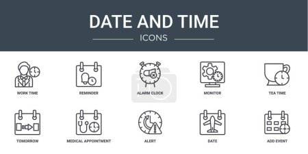 set of 10 outline web date and time icons such as work time, reminder, alarm clock, monitor, tea time, tomorrow, medical appointment vector icons for report, presentation, diagram, web design,