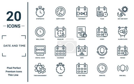 date and time linear icon set. includes thin line stopwatch, wall clock, digital clock, time management, ring bell, organize, payday icons for report, presentation, diagram, web design