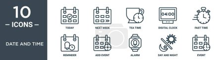 date and time outline icon set includes thin line today, next week, tea time, digital clock, fast time, reminder, add event icons for report, presentation, diagram, web design