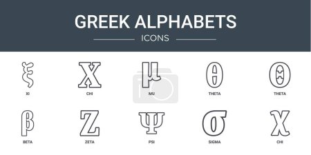 Satz von 10 umrissenen griechischen Web-Alphabeten Symbole wie xi, chi, mu, theta, theta, beta, zeta Vektor Symbole für Bericht, Präsentation, Diagramm, Webdesign, mobile App