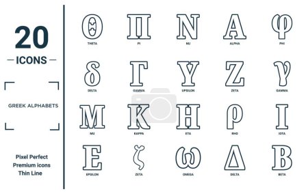 alfabetos griegos conjunto de iconos lineales. incluye theta línea delgada, delta, mu, epsilon, beta, upsilon, íconos iota para el informe, presentación, diagrama, diseño web