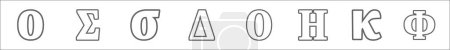 Ilustración de Esquema conjunto de alfabetos griegos línea iconos. iconos vectoriales lineales como omicron, sigma, sigma, delta, omicron, eta, kappa, phi - Imagen libre de derechos