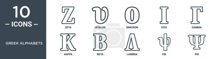 Téléchargez les illustrations : Alphabets grecs ensemble d'icônes de contour comprend la ligne mince zeta, upsilon, omicron, iota, gamma, kappa, icônes bêta pour rapport, présentation, diagramme, conception web - en licence libre de droit
