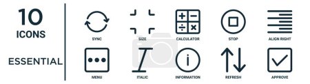 essential outline icon set such as thin line sync, calculator, align right, italic, refresh, approve, menu icons for report, presentation, diagram, web design