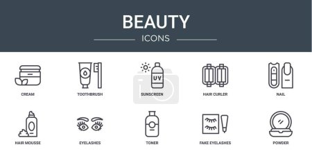 set of 10 outline web beauty icons such as cream, toothbrush, sunscreen, hair curler, nail, hair mousse, eyelashes vector icons for report, presentation, diagram, web design, mobile app