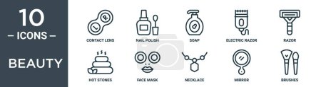 Beauty Outline Icon Set enthält dünne Kontaktlinsen, Nagellack, Seife, Rasiermesser, Rasiermesser, heiße Steine, Gesichtsmasken-Symbole für Bericht, Präsentation, Diagramm, Webdesign
