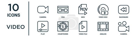 conjunto de iconos de esquema de vídeo como cámara de línea delgada, mov, hacia atrás, cuenta atrás, analógico, cámara, reproducir iconos para el informe, presentación, diagrama, diseño web