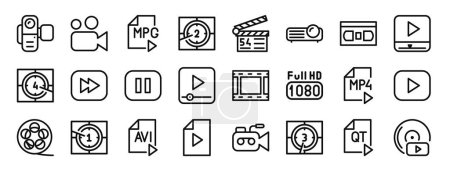 jeu de 24 icônes vidéo web telles que caméra, caméra, mpg, compte à rebours, clappeur de film, projecteur, icônes vectorielles vhs pour rapport, présentation, diagramme, conception Web, application mobile