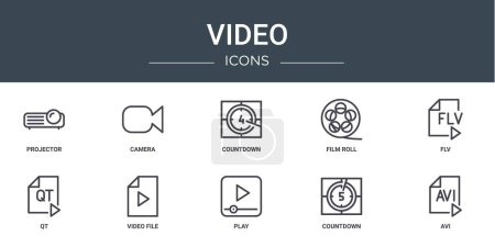 conjunto de 10 iconos de vídeo web esquema como proyector, cámara, cuenta atrás, rollo de película, flv, qt, iconos de vectores de archivos de vídeo para el informe, presentación, diagrama, diseño web, aplicación móvil