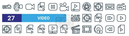 set of 27 outline web video icons such as projector, camera, camera, film roll, countdown, qt, film clapper, video file vector thin line icons for web design, mobile app.