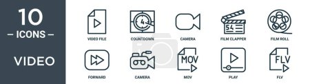 video outline icon set includes thin line video file, countdown, camera, film clapper, film roll, forward, camera icons for report, presentation, diagram, web design