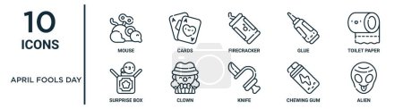 Illustration for April fools day outline icon set such as thin line mouse, firecracker, toilet paper, clown, chewing gum, alien, surprise box icons for report, presentation, diagram, web design - Royalty Free Image