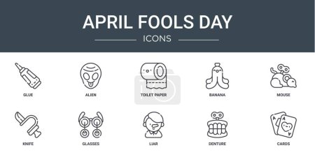 set of 10 outline web april fools day icons such as glue, alien, toilet paper, banana, mouse, knife, glasses vector icons for report, presentation, diagram, web design, mobile app