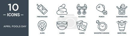 Illustration for April fools day outline icon set includes thin line firecracker, poop, glasses, punch, surprise box, alien, laugh icons for report, presentation, diagram, web design - Royalty Free Image