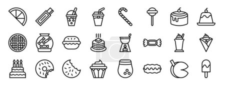 set of 24 outline web desserts icons such as lemon slice, chewing gum, smoothie, bubble tea, candy cane, lollipop, cinnamon roll vector icons for report, presentation, diagram, web design, mobile