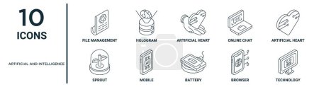artificial and intelligence outline icon set such as thin line file management, artificial heart, artificial heart, mobile, browser, technology, sprout icons for report, presentation, diagram, web