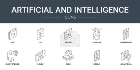 conjunto de 10 iconos web contorno artificial y de inteligencia tales como d de, archivo, sitio web, holograma, teléfono inteligente, altavoz inteligente, d iconos vectoriales cubo para el informe, presentación, diagrama, diseño web, móvil