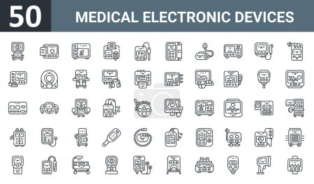 Illustration for Set of 50 outline web medical electronic devices icons such as phacoemulsification device, ekg, sterilizer, urine, ph, infusion pump, nebulizer vector thin icons for report, presentation, diagram, - Royalty Free Image