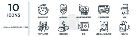Medizinische elektronische Geräte umreißen Symbolset wie dünne Schrittmacher, Inkubator für Säuglinge, iabp, Vernebler, medizinische Bewässerungspumpe, Holter, Beatmungssymbole für Bericht, Präsentation, Diagramm, Web