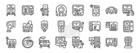 set of 24 outline web medical electronic devices icons such as medical irrigation pump, amaamator, iabp, mri, heart rate monitor, breathalyzer, body fat vector icons for report, presentation,