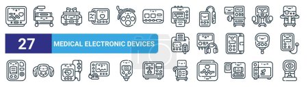 Illustration for Set of 27 outline web medical electronic devices icons such as heart rate monitor, phototherapy unit, centrifuge, dissolved oxygen monitor, audiometer, body fat, iabp, tonometer vector thin line - Royalty Free Image