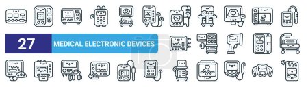 set of 27 outline web medical electronic devices icons such as esu, feeding pump, insufflator, surgical aspirator, anesthesia, fetal monitor, iabp, breathalyzer vector thin line icons for web