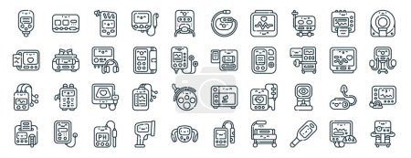 Set von 40 umrissenen Web-Symbolen medizinischer elektronischer Geräte wie esu, ekg, holter, Urin, Pulsmesser, mri, Schrittmacher-Symbole für Bericht, Präsentation, Diagramm, Webdesign, mobile App