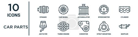 car parts outline icon set such as thin line dynamo, accumulator, cylinder, turbo engine, strut mounting, muffler, air filter icons for report, presentation, diagram, web design