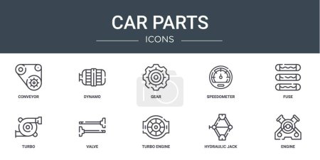 set of 10 outline web car parts icons such as conveyor, dynamo, gear, speedometer, fuse, turbo, valve vector icons for report, presentation, diagram, web design, mobile app