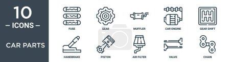 car parts outline icon set includes thin line fuse, gear, muffler, car engine, gear shift, handbrake, piston icons for report, presentation, diagram, web design