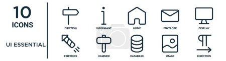 ui essential outline icon set such as thin line diretion, home, display, hammer, image, direction, firework icons for report, presentation, diagram, web design