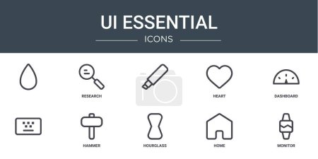 jeu de 10 icônes essentielles de web ui de contour telles que, recherche, coeur, tableau de bord, icônes vectorielles de marteau pour rapport, présentation, diagramme, conception Web, mobile